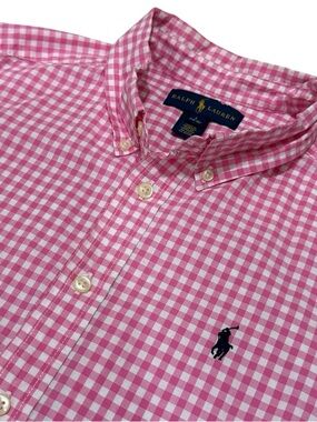 Ralph Lauren Gingham Button Down Boys L 14-16 Pink White Preppy Check Shirt